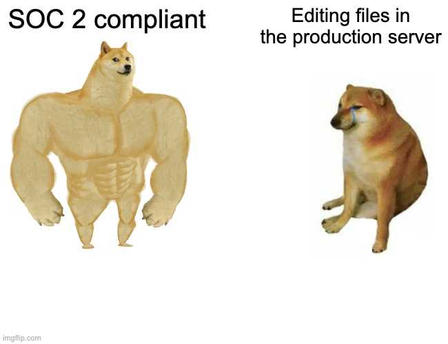 Buff Doge vs. Cheems Meme, SOC 2 compliant vs Editing files in the production server